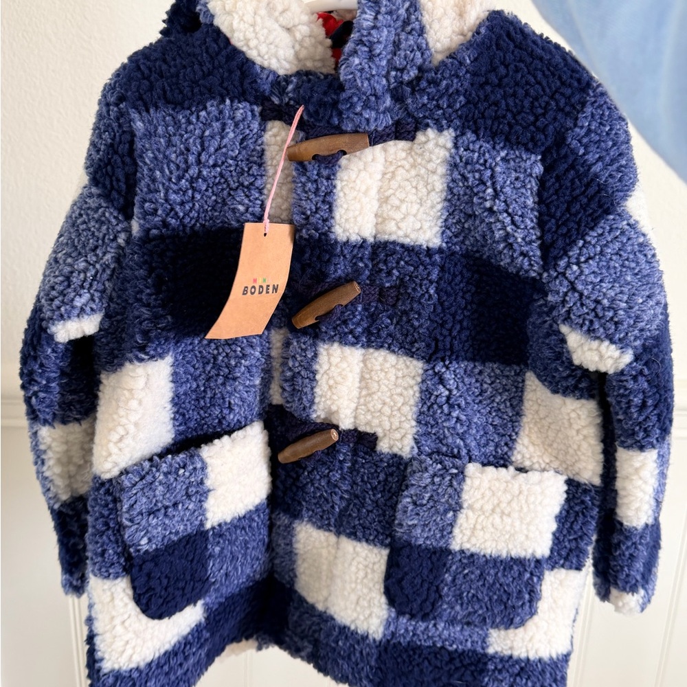 Mini Boden Blue and Red Sherpa Coat